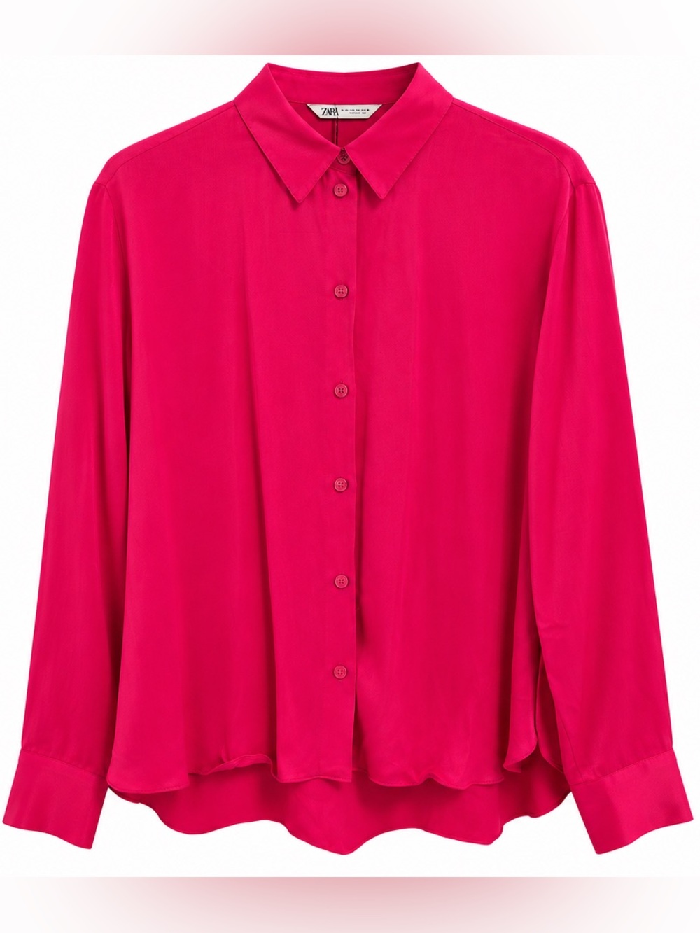 ZARA Blouse Top Hot Pink Satin Viscose XL Collared Long Sleeve Button-Up Solid